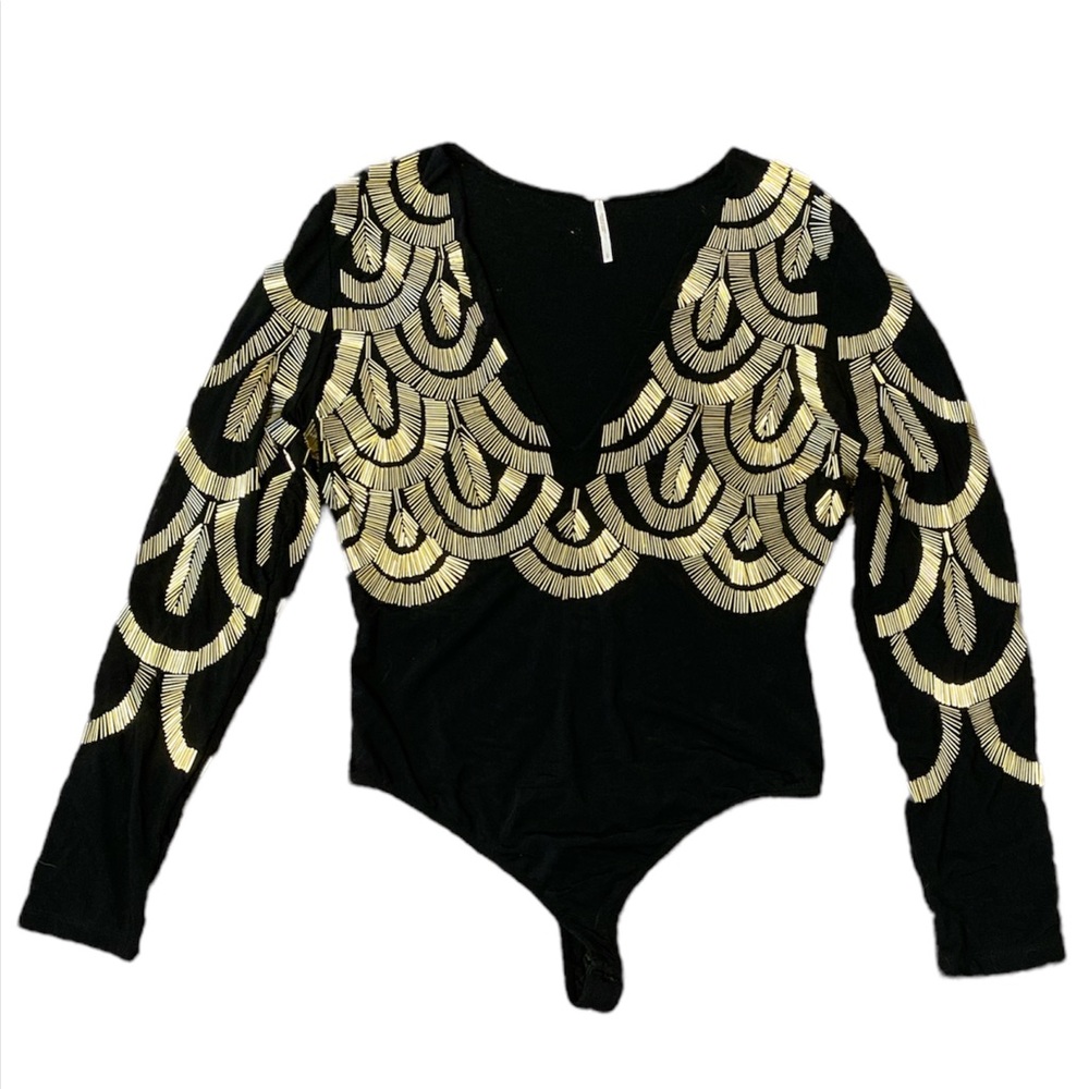 Black Free People Gold Beaded Bodysuit